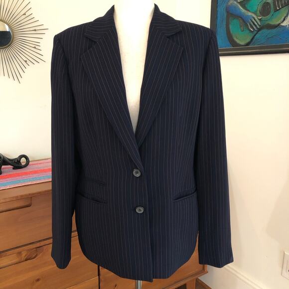Kasper Pinstripe Blazer Women’s 12 Large Blue 2 Button Corpcore Preppy Office - Picture 2 of 15